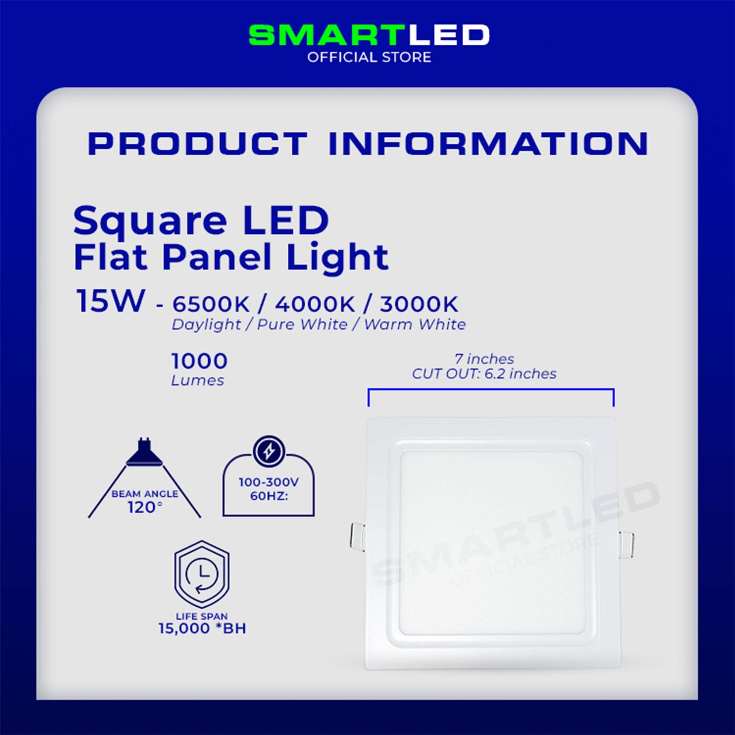SMARTLED 15 WATTS Square Flat Panel Light (Recessed Type)